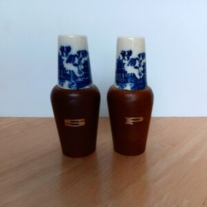 MCM Salt & Pepper Shakers Set Ceramic Wooden Blue and White